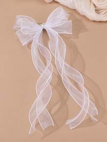 1pc Elegant White Mesh Bow Rhinestone Heart Butterfly Decor Long Ribbon Hair Clip, Suitable For Daily, Wedding, Party, Prom - White - View 1