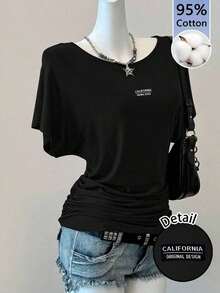 Camiseta casual de color marrón sólido para mujer, adecuada para primavera/verano - Negro 3 - Ver 9