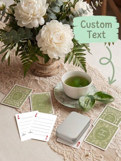1 Set Customized Gray-Green Wedding Playing Cards With Name And Date, Alternative To Wedding Guest Book, Personalized Wedding Playing Cards, Vintage Luxury Playing Card Set With Metal Tin Box, Customized Wedding Party Playing Cards, Elegant Green Wedding Favor Cards