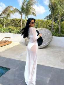 Vestido de manga larga con hombros descubiertos, de malla transparente y ajustado al Body, elegante para el verano - Blanco - Ver 6