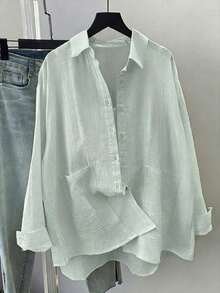 Plus Size Women's Solid Color Long Sleeve Casual Loose Blouse, Spring/Summer - Bluish-gray - View 3