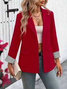 Clasi Chaqueta ligera de estilo casual de negocios para mujer, con cuello de solapa, apta para el lugar de trabajo, de unicolor, para primavera/otoño - Rojo - Ver 4