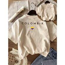Women's Letter Print Tshirt Colombia, Heart Flag Shortsleeved Round Neck Casual Top, Medium Elastic Breathable Fabric, Machine Washable In Spring And Summer, Suitable For Summer Wear, Comfortable Style,100% Cotton Summer, And Vacation Women's Casual Sleeve T-Shirt, - 杏色 - 查看 1