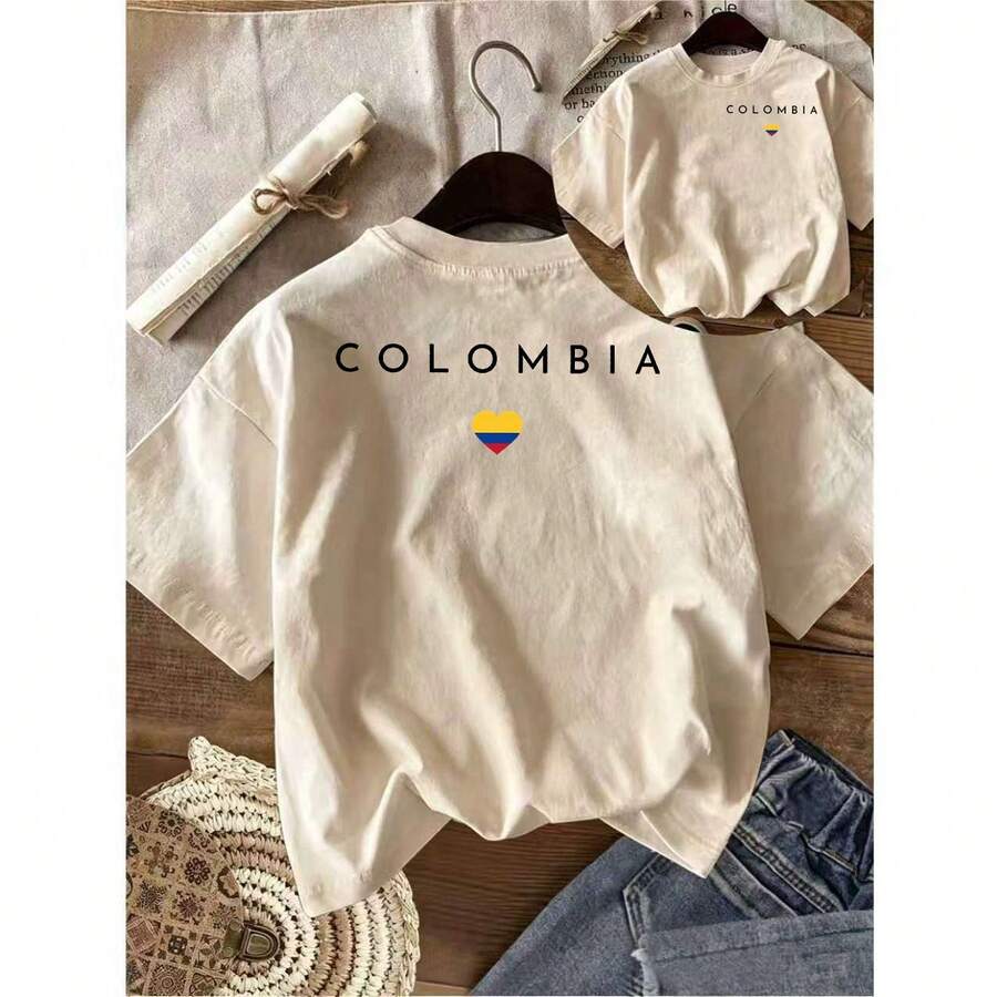 Women's Letter Print Tshirt Colombia, Heart Flag Shortsleeved Round Neck Casual Top, Medium Elastic Breathable Fabric, Machine Washable In Spring And Summer, Suitable For Summer Wear, Comfortable Style,100% Cotton Summer, And Vacation Women's Casual Sleeve T-Shirt, - 杏色 - 查看 1