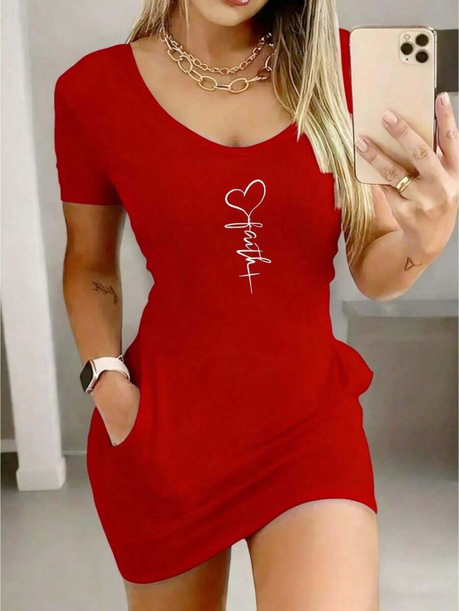 Vestido corto de mujer con patrón de corazón sexy, de manga corta, adecuado para uso casual, fiesta negra y elegante en verano - Rojo 2 - Ver 1