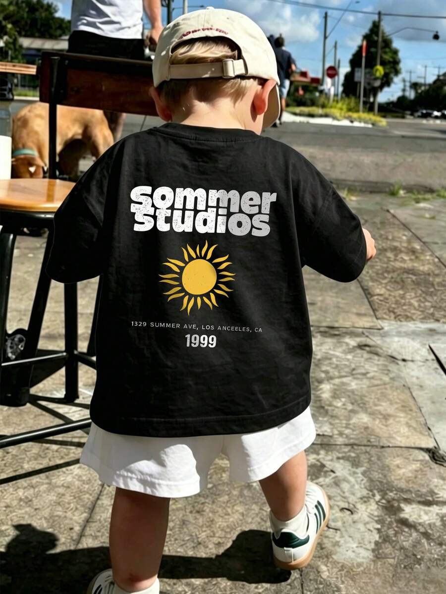 男嬰復古「Sommer Studios」太陽圖案T恤,透氣寬鬆休閒短袖上衣 - 黑色 - 查看 1