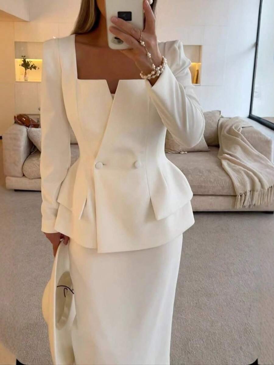 Two-Piece Set With Long Sleeves And A Relaxed Fit, Perfect For Meetings - White - View 1