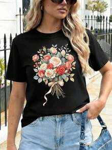 SimpieAndVersatileDesignCamiseta casual con estampado de ramo floral,, estilo hip-hop urbano, cómoda, resistente, estampado llamativo.CottonT-Shirt - Negro - Ver 6