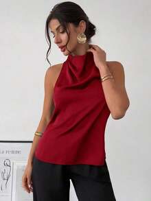 negra ajustada de estilo casual y elegante para la temporada de primavera/verano, con cuello asimétrico, sin mangas, escote halter, espalda descubierta y decoración de lazo - Burdeos 2 - Ver 7