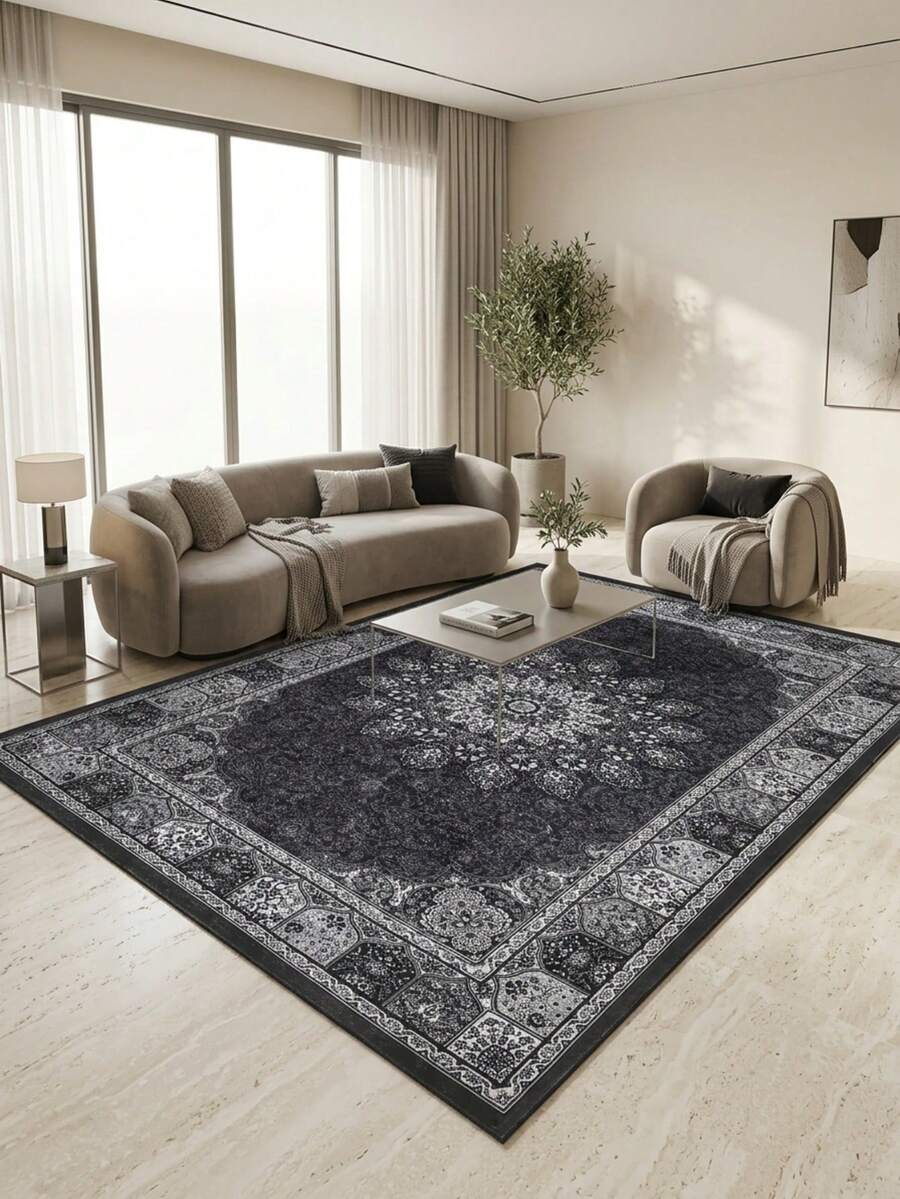 1pc Luxury Elegant Classic Geometric Floral Striped Bohemian Area Rug, Vintage Black & Gray Rectangular Soft Faux Wool Washable Carpet, Suitable For Living Room, Bedroom, Entryway, Bathroom, Hallway, Patio, Kitchen, Indoor Outdoor, All Season Large Size Mat, Home Decor - Multicolor - View 1