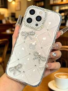 Luxury Bow Rhinestone Embellished Transparent Diamond Pattern Phone Case With Rhinestone Embellished Camera Lens Protector Compatible With IPhone - Clear - View 2