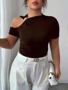 Camiseta de mujer de talla grande con decoración metálica y hombros descubiertos, para verano - Marrón - Ver 4