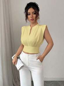 Nueva camiseta sin mangas ajustada para mujer con cuello alto de punto, media cremallera frontal y estilo informal - Amarillo claro - Ver 5