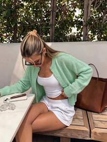 Cárdigan de cuello redondo de unicolor de estilo universitario minimalista para mujer, con cierre de botones delantero, de manga larga casual y versátil, suéter de punto femenino y suave en color verde - Verde - Ver 4