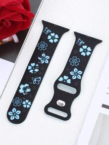 Floral Carved Watch Band, Compatible With Apple Watch Band 41Mm 40Mm 44Mm 45Mm 42Mm 38Mm 49Mm 46Mm, Cute Flowers, Soft Silicone Sport Band Compatible With Apple Watch Series 11 10 Se 9 8 7 6 5 4 3 Ultra, Women'S Fashion Floral Elements Watch Band,Compatible With Apple Watch Strap - LD004 Floral - Black and Ice Blue - View 3