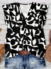 Camisa de mujer casual y minimalista con estampado botánico, adecuada para el verano - Multicolor - Ver 1