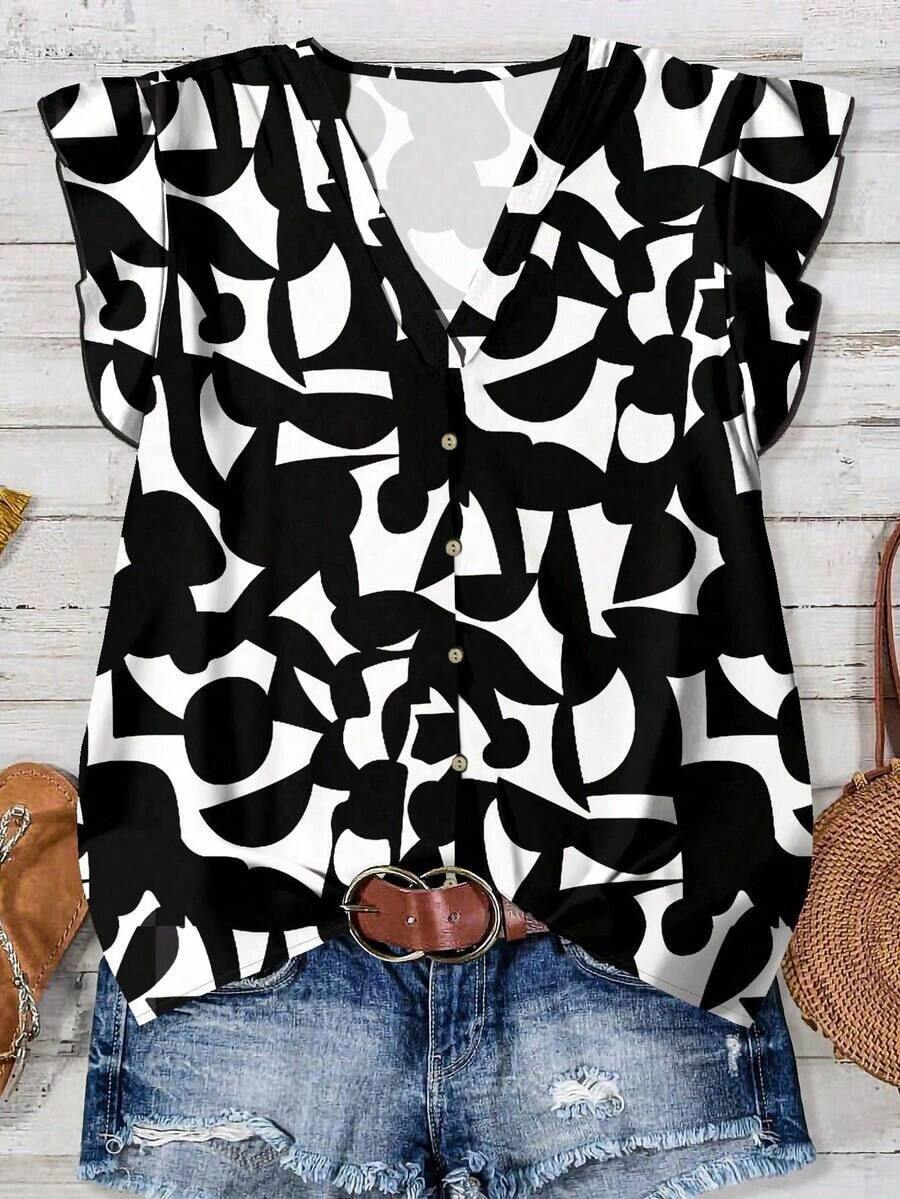 Camisa de mujer casual y minimalista con estampado botánico, adecuada para el verano - Multicolor - Ver 1