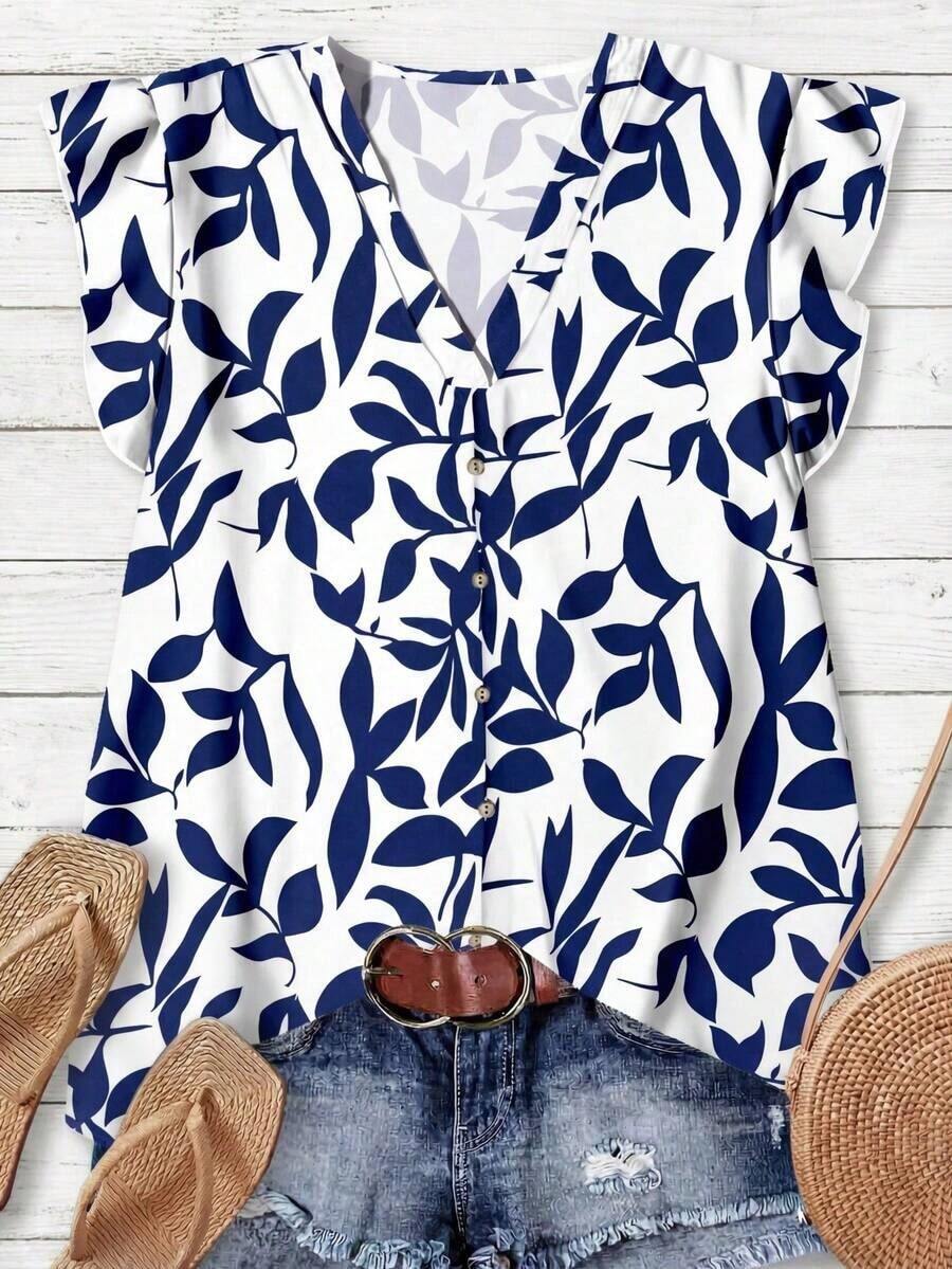 Camisa de mujer casual y minimalista con estampado botánico, adecuada para el verano - Azul y blanco - Ver 1