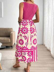 Vestido ajustado sin mangas con estampado de retazos de estilo vacacional para mujer - Rosa - Ver 2