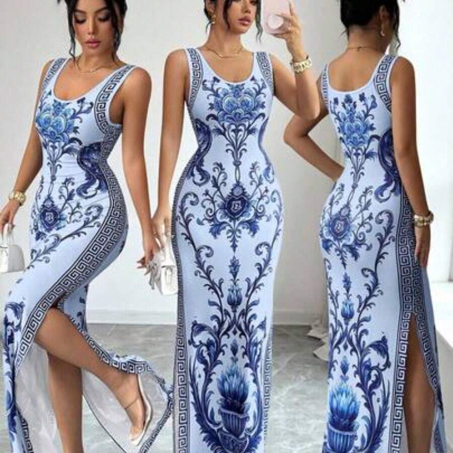 Elenzya Exquisite Printed Chinoiserie Waist-Cinching Slit Luxurious Retro Middle Eastern UAE Style Robe, Tight Fit, Multi-Color, Sleeveless, High-Quality Material Luxury Dresses For Women Best Selling Dresses Club Outfits For Women Dress Long Dresses For Women Bodycon Bodycon Dress Women - Multicolor - Ver 1