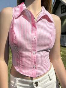 Camisa sin mangas de mujer de rayas tejida, azul - Rosa - Ver 3