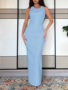 Vestido largo de mujer de vestido de escote con estampado de teñido anudado, vestido de verano largo, vestido largo verde maxi para outfit de mujer - Gris azul - Ver 4