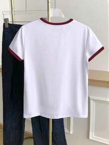 RCamiseta casual de mujer de cuello redondo con estampado gráfico de rayas y bloques de color - Blanco 9 - Ver 2
