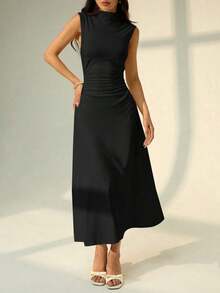 Vestido maxi de línea A con cuello mao, sin mangas, fruncido, color blanco, nuevo para el Día de San Valentín.Elegante y romántico atuendo para citas y trabajo, vestidos de verano para mujer - Negro - Ver 5