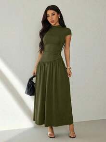 Vestido casual largo plisado de manga abullonada y cuello alto en unicolor para mujer, de verano - Verde militar - Ver 7