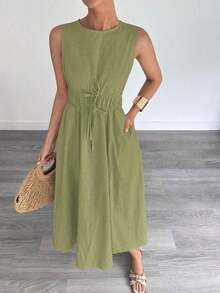 Vestido sin mangas de línea A de algodón y lino para mujer, primavera/verano - Verde - Ver 2