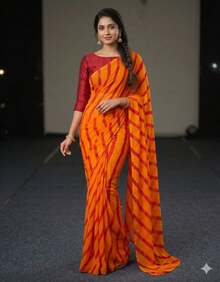 Estationeryhouse Chiffon Printed Saree With Single Stripe, Blosue Not Included - Orange/Red - View 1