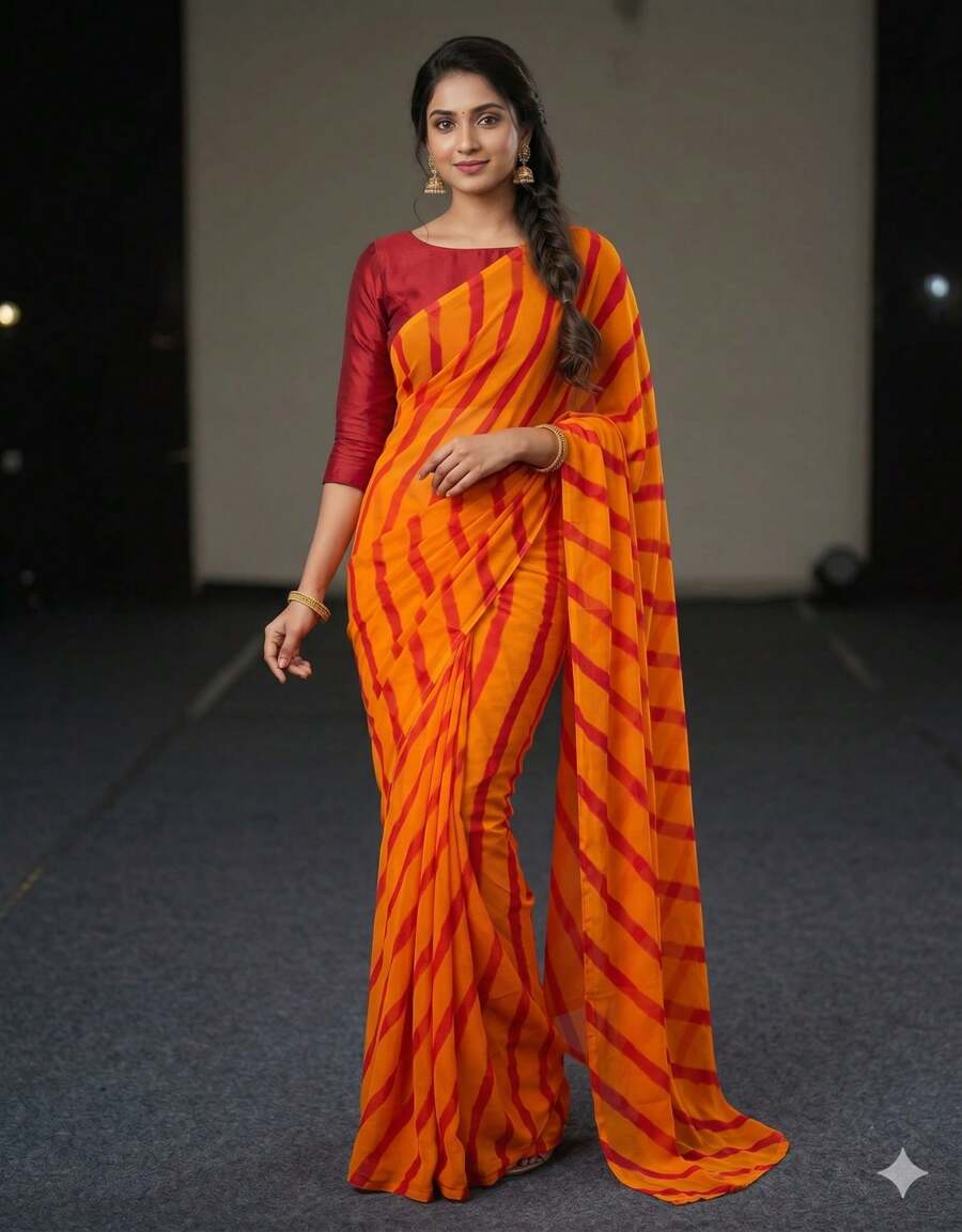 Estationeryhouse Chiffon Printed Saree With Single Stripe, Blosue Not Included - Orange/Red - View 1