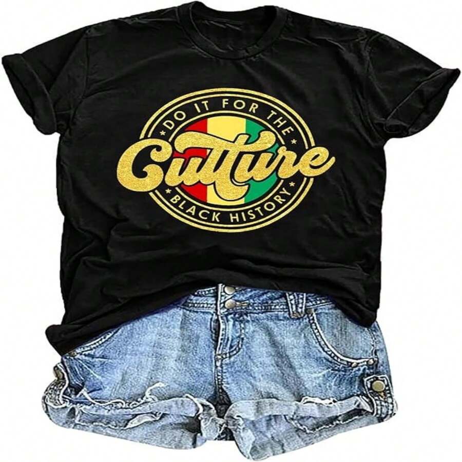 Camiseta informal de algodón de manga corta y cuello redondo para mujer con estampado gráfico "Culture Do It For The Black History" y bajo regular. Top de verano. - Negro - Ver 1