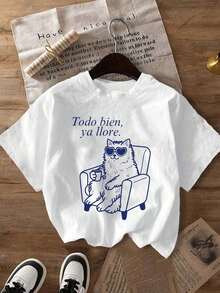 Camiseta casual de manga corta para mujer, ideal para vacaciones de verano, con cuello redondo, diseño de gafas de sol en forma de corazón con un diseño de gato, la frase "Ya he llorado lo suficiente" y una imagen de una persona tomando café, adecuada para primavera, verano, otoño, Día de San Valentín/vuelta al cole, talla grande. - Blanco 2 - Ver 3