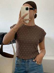 Camiseta casual de cuello redondo de manga corta de unicolor con textura de gofre, cómoda para el verano - Marrón - Ver 1