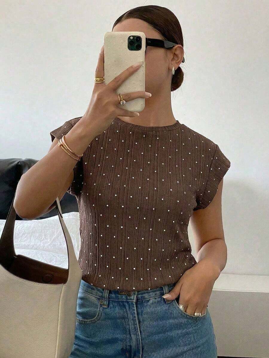 Camiseta casual de cuello redondo de manga corta de unicolor con textura de gofre, cómoda para el verano - Marrón - Ver 1