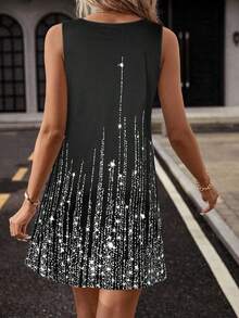 Vestido corto holgado de verano para mujer con estampado de bloques de color y rayas, ideal para vacaciones y uso diario - Negro - Ver 2