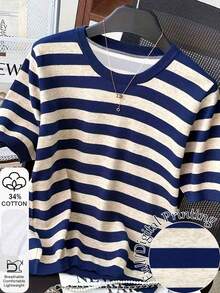 Camiseta de manga corta de cuello redondo a rayas para mujer, de uso versátil y casual para uso diario - Multicolor 6 - Ver 1