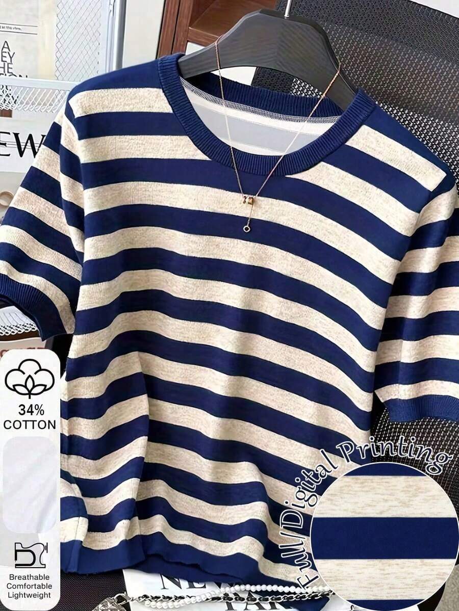 Camiseta de manga corta de cuello redondo a rayas para mujer, de uso versátil y casual para uso diario - Multicolor 6 - Ver 1