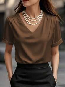 1 pieza Blusa de mujer de unicolor de satén con cuello en V y manga corta, elegante y de moda para uso diario, oficina, hogar, citas, primavera/verano, color negro casual - Marron oscuro - Ver 1
