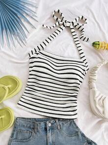 Parte superior corta ajustada con cuello de halter casual para vacaciones de mujer, verano de mujer, sin espalda, ropa de vacaciones de mujer, lunares, primavera de mujer, verano, parte superior para salir de mujer, vacaciones de mujer - Blanco y Negro - Ver 5