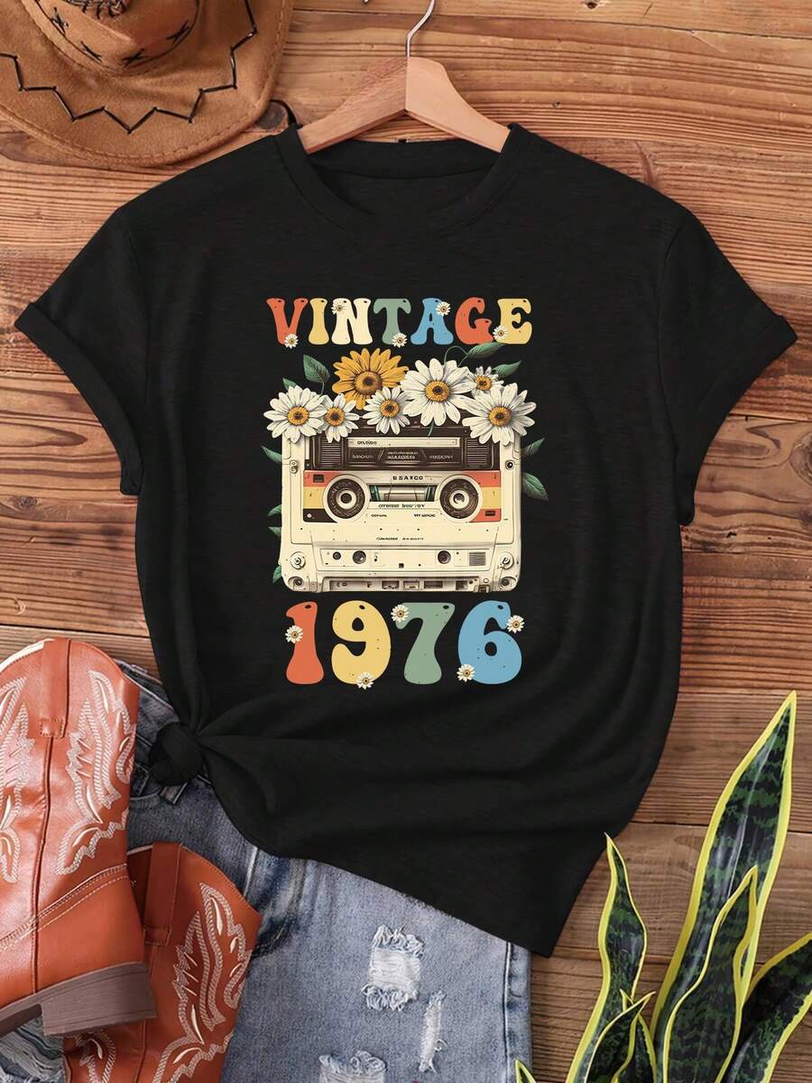 Oferta por tiempo limitado, cantidad limitada disponible,  relámpago, camisas de mujer, camisetas de mujer Cinta de casete retro Y-1976 Daisy, camiseta con estampado de flores silvestres para el 50 cumpleaños con cinta de grabación retro de 1976, top casual de manga corta con cuello redondo para verano y primavera, ropa de mujer - Negro - Ver 1