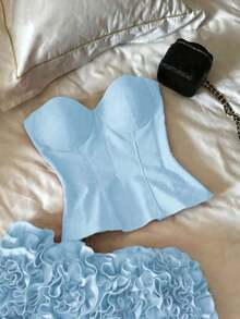 Top corto con corsé de cintura de espina de pescado, estilo sexy, tipo bandage, sin tirantes, para mujer, lindo para citas y fiestas, color negro, para verano - Azul - Ver 11