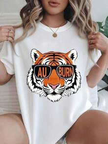 Camiseta Casual de Mujer con Estampado de Cara de Tigre con Gafas de Sol y Texto Auburn, Adecuada para Todas las Temporadas  
 -Blanco - Blanco - Ver 7