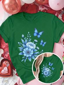 Classic Plus Size - Talla Grande - Camiseta roja, adecuada para mujeres de talla grande, con un diseño floral y de mariposas en azul, perfecta para un look romántico en el Día de San Valentín. Esta camiseta de manga corta y cuello redondo es una opción ideal para el verano y el otoño. Éxito de . - Verde - Ver 7