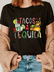 Women's T-Shirt With Tacos And Tequila Print, Highly Recommended, Versatile Christmas T-Shirts With Graphic Design, Casual Loose Fashion, Sporty, Summer, With Round Neck And Short Sleeve, Easy To Match. - 黑色 - 查看 7