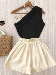 Conjunto de top plisado de hombro de color marrón sólido y elástico para uso casual y pantalones blancos de cintura elástica - Caqui 2 - Ver 2