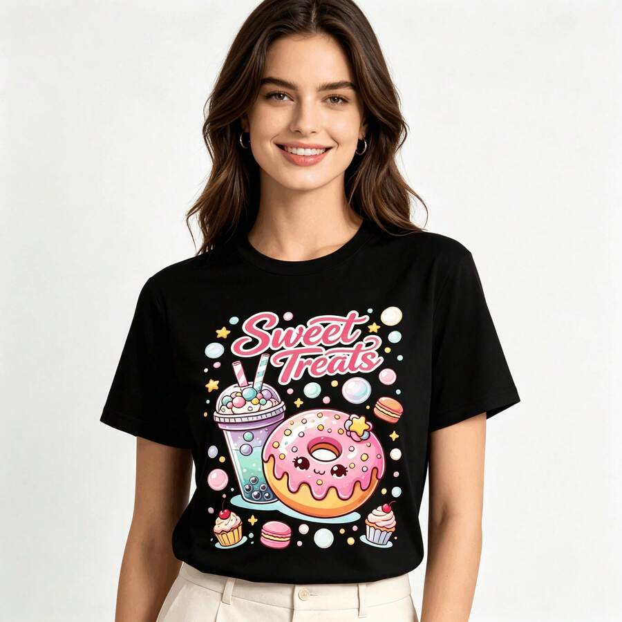 Tops para mujer holgada con estampado gráfico lindo para niñas - Estampado frontal de adorables donuts deé de la tarde y letras, top casual de estilo callejero para la vuelta al cole. - Negro - Ver 1