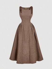 Vestido color albaricoque con cuello redondo, sin mangas, con ribete de contraste, lazo decorativo en la cintura y bajo acampanado - Marrón - Ver 1