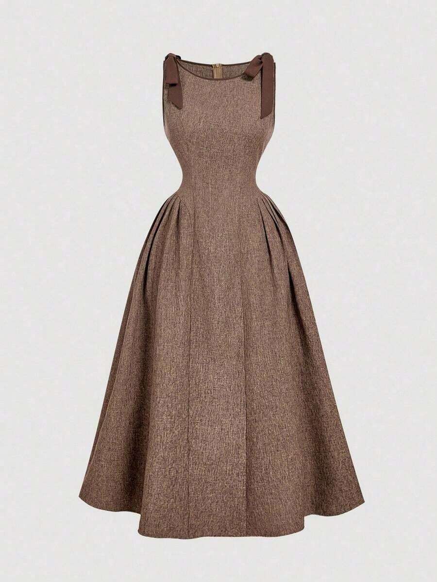 Vestido color albaricoque con cuello redondo, sin mangas, con ribete de contraste, lazo decorativo en la cintura y bajo acampanado - Marrón - Ver 1